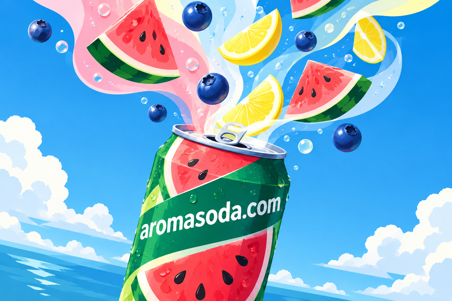 Watermelon Aroma Soda can with watermelon, lemon and blueberries bursting into a bright blue sky over the ocean