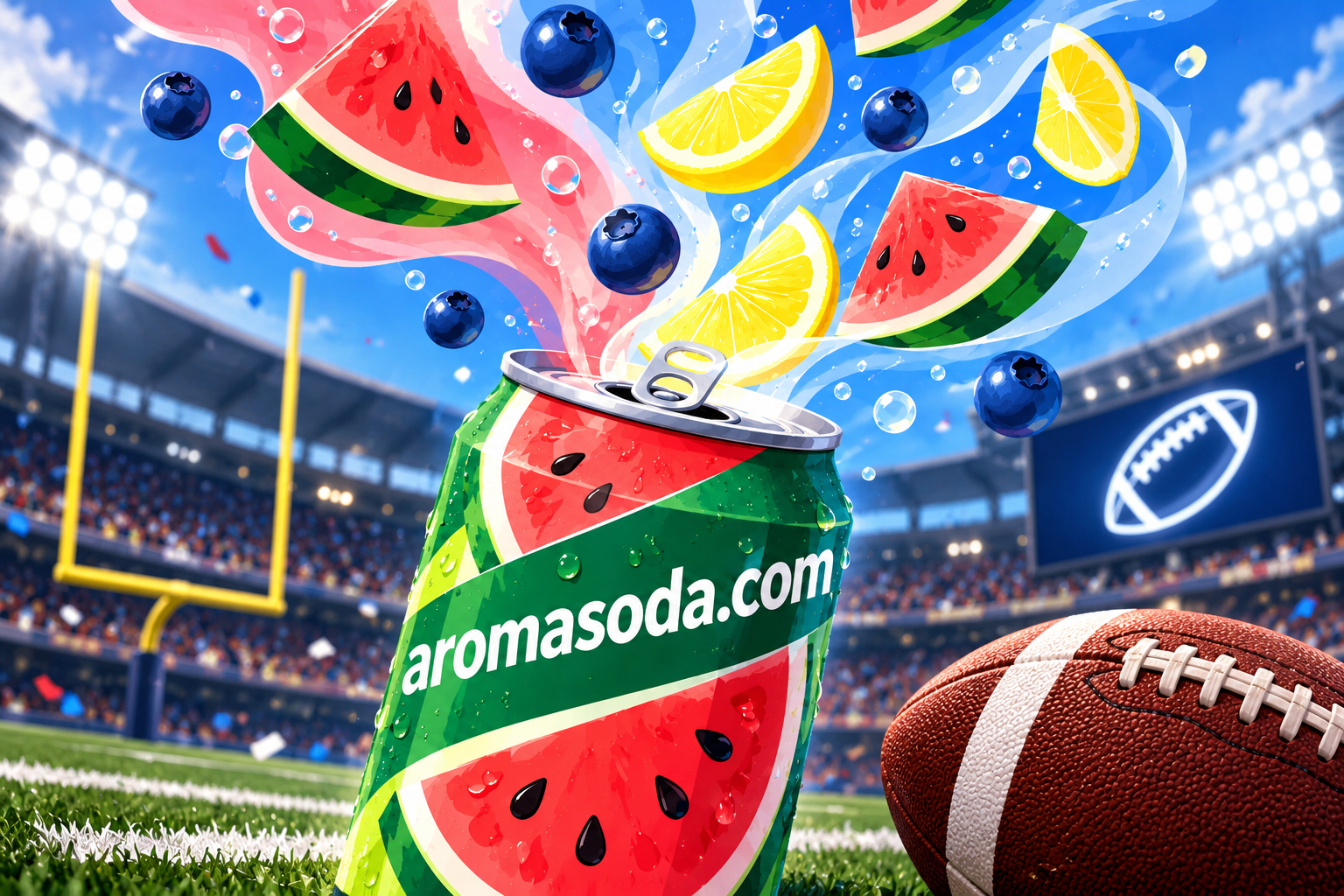 Watermelon Aroma Soda at a football stadium with a football, goalposts and bright stadium lights