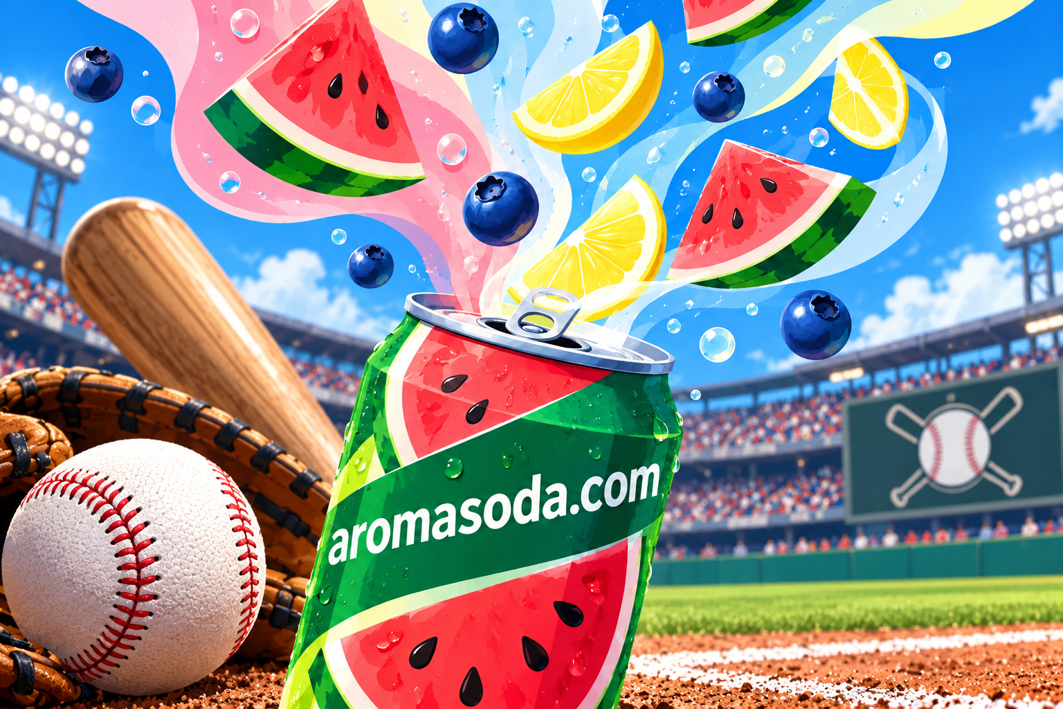 Watermelon Aroma Soda at a baseball stadium beside a baseball, glove and bat, with a sunlit field behind it